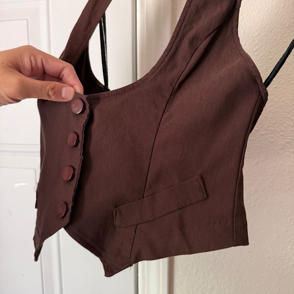VINTAGE y2k brown paper tag halter neck cropped vest tuxedo top - Picture 3 of 5
